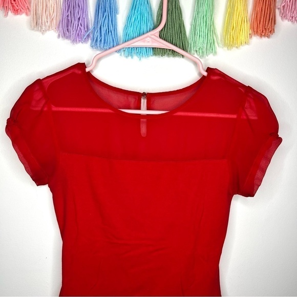 Express Red Short Sleeve Mesh Formal Dressy Business Casual Blouse Extra Small - Picture 2 of 12